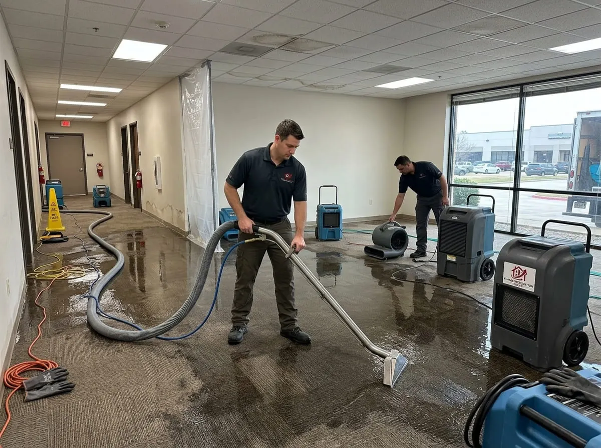 Technician running an extraction hose across a flooded floor during emergency water removal