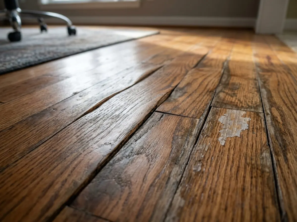 Close-up of hardwood flooring cupping and finish damage caused by water exposure