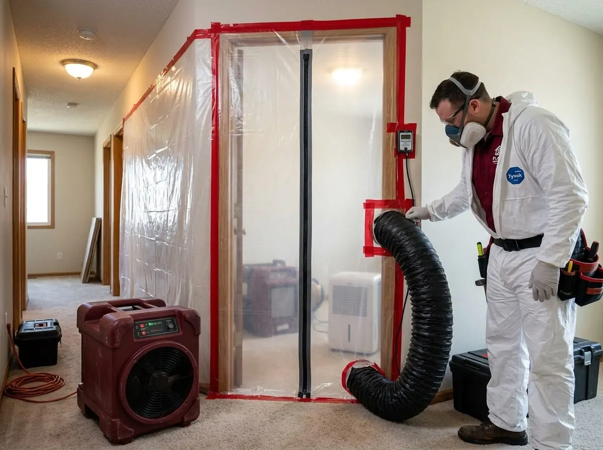 Technician preparing a containment area ahead of mold inspection and testing