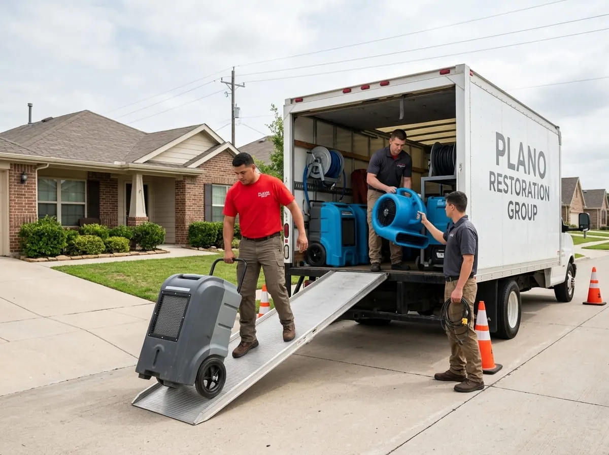 Crew members unloading air movers and a dehumidifier from a branded restoration truck
