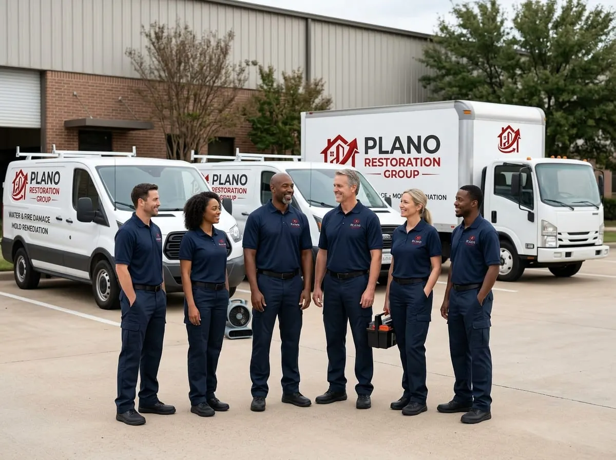 Restoration technicians standing together in front of branded service vehicles