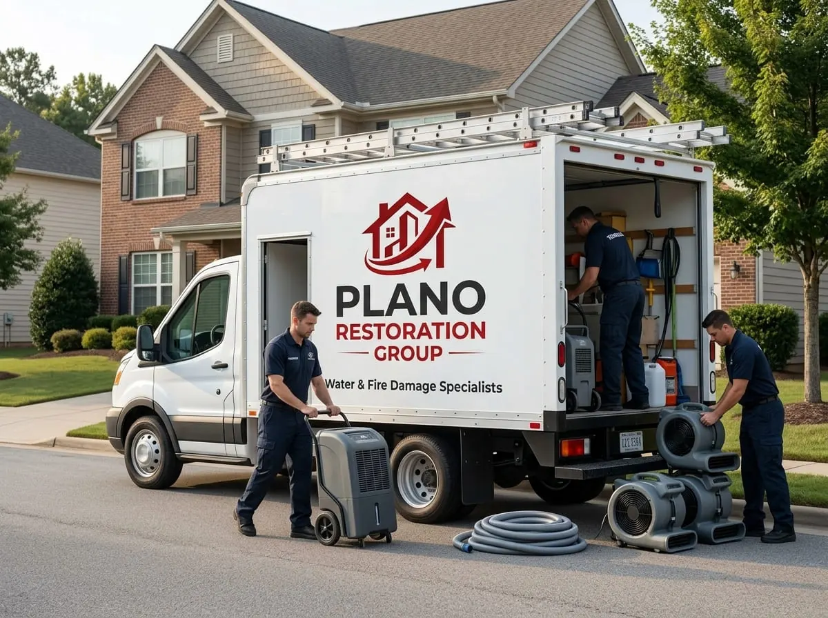 Restoration crew unloading air movers and hose from a service truck outside a home