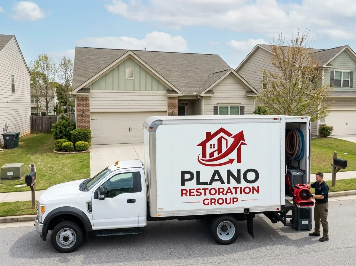 Plano Restoration Group truck parked in a residential driveway while equipment is unloaded
