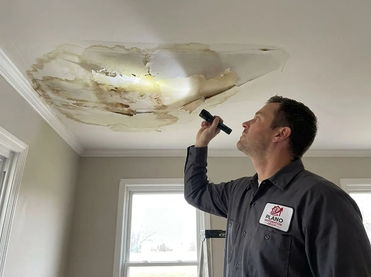 Close inspection and documentation of ceiling damage caused by a water leak