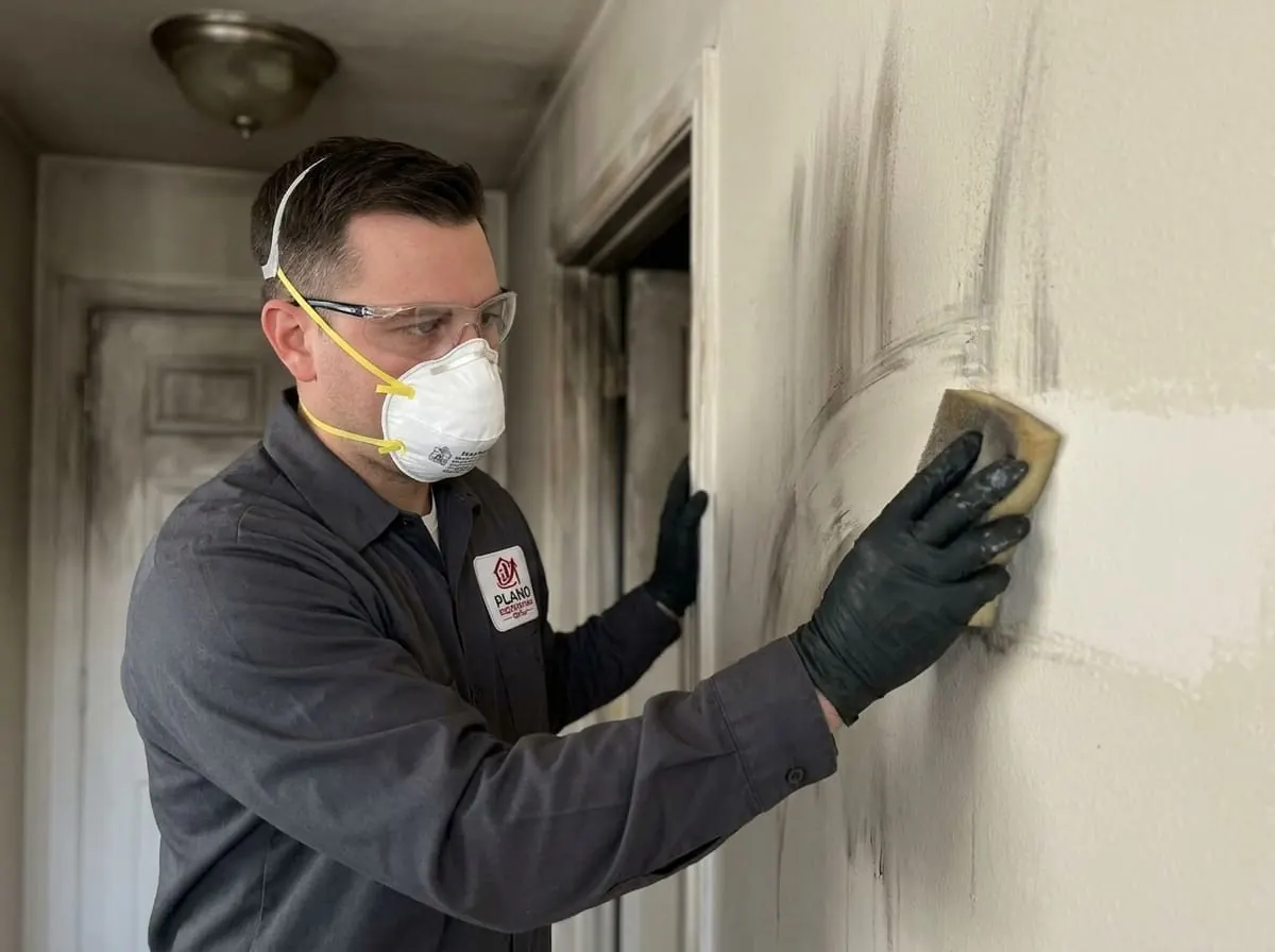 Technician sponge-cleaning soot residue from a fire-damaged wall