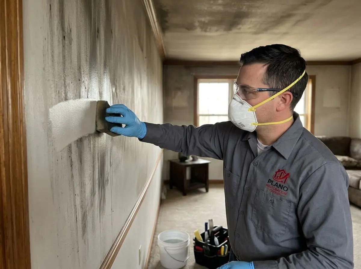 Technician cleaning soot staining left behind after a kitchen fire