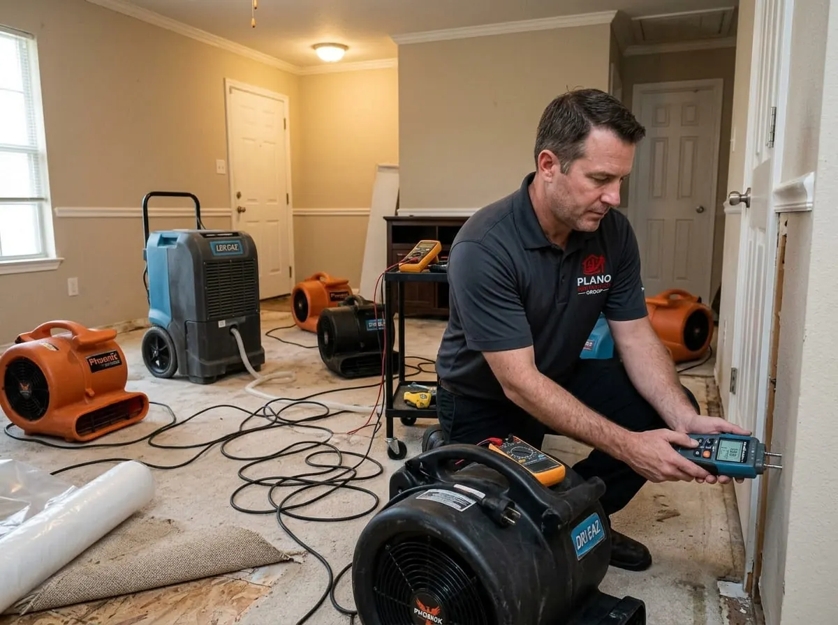 Technician monitoring air movers and a dehumidifier drying a water-damaged room