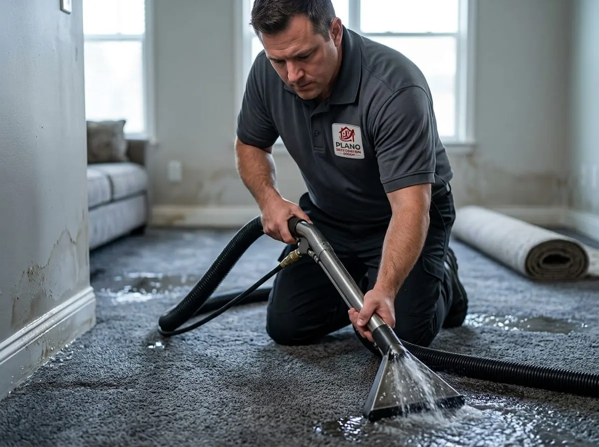 Close-up of a technician extracting water from soaked carpet