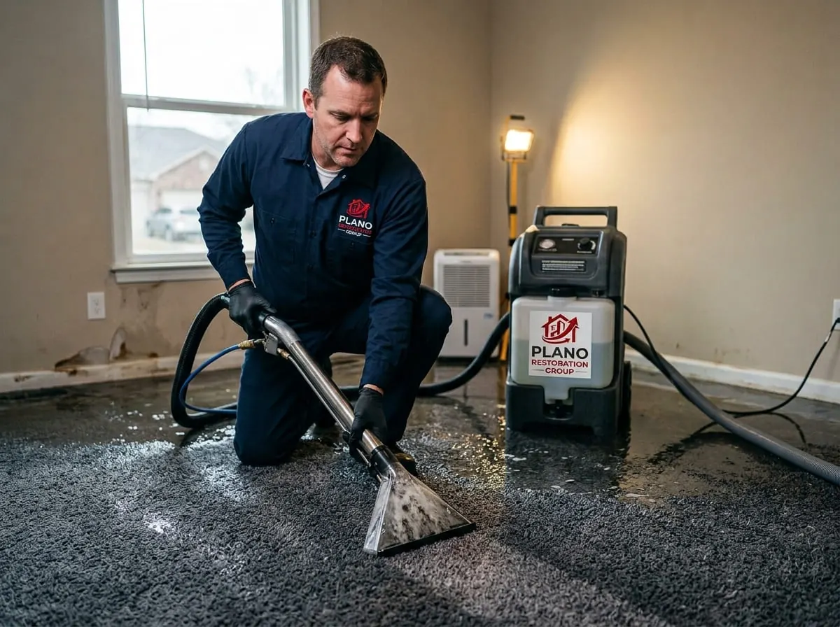 Technician using a wand extractor to remove water from carpet