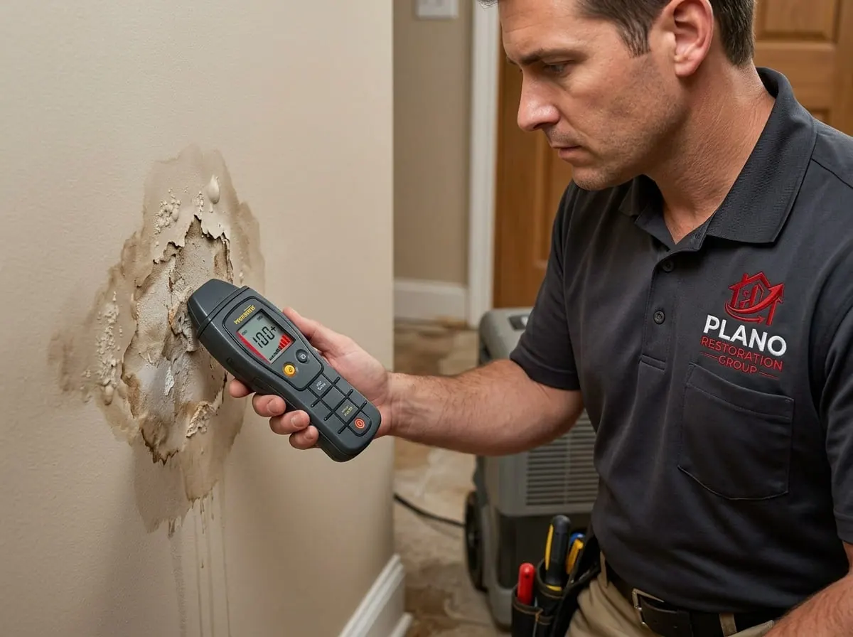 Close-up of a technician using a moisture meter during a water damage inspection