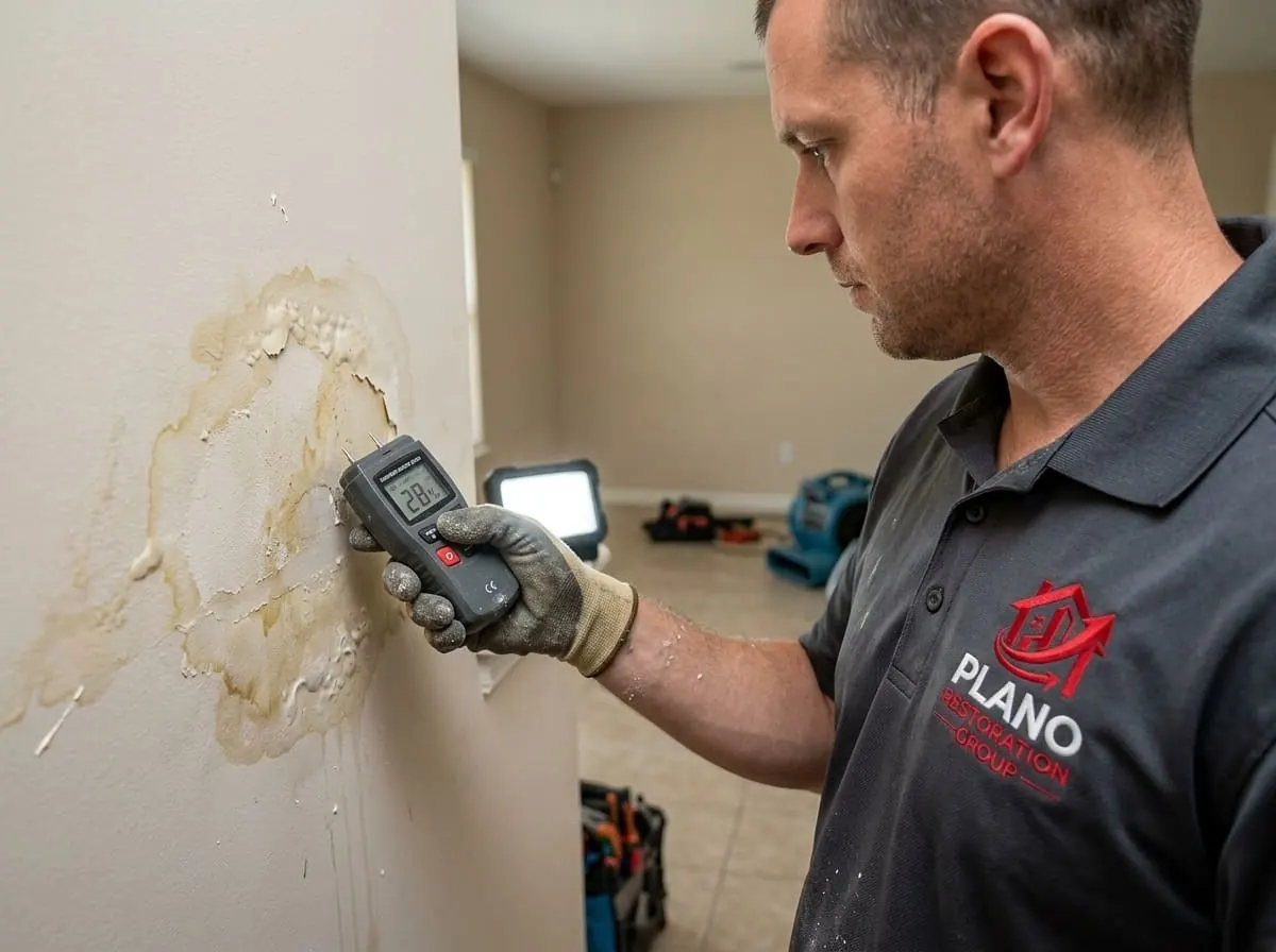 Technician using a pin-type moisture meter to check a wall for hidden moisture