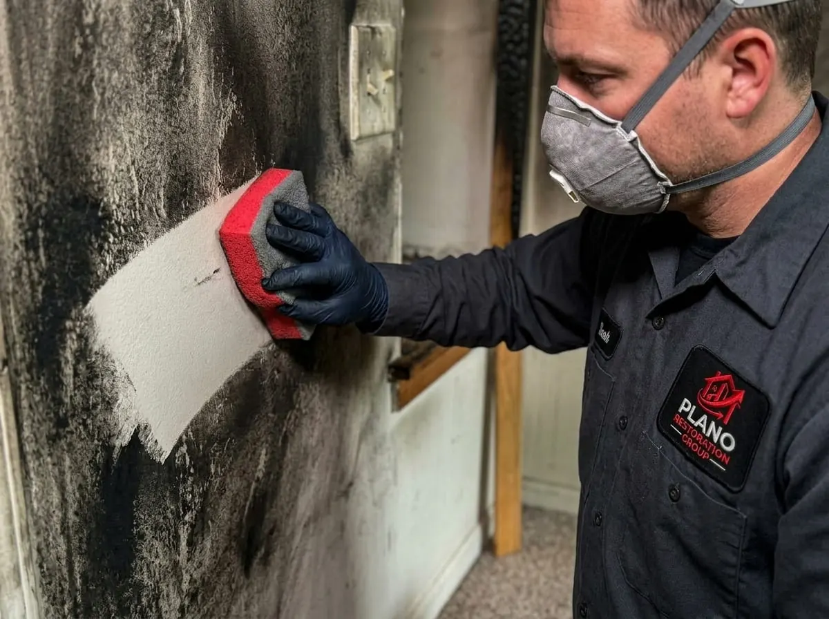 Technician wiping soot residue from a wall surface after a fire