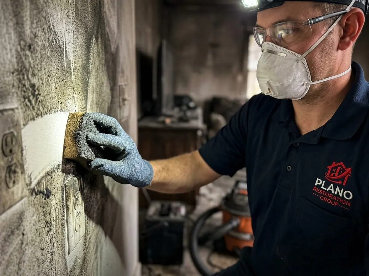 Technician working through soot and smoke residue removal step by step
