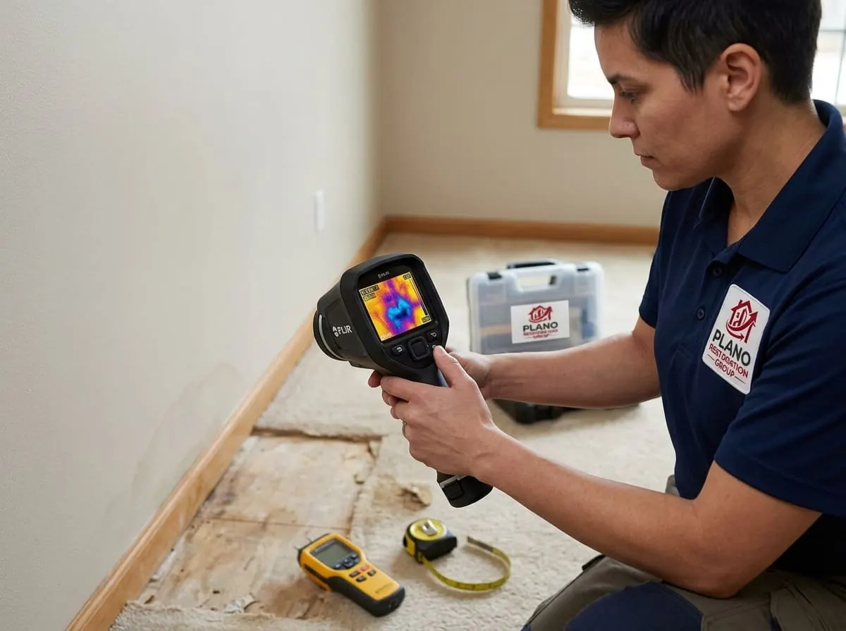 Technician using a thermal imaging camera to trace water damage behind a wall