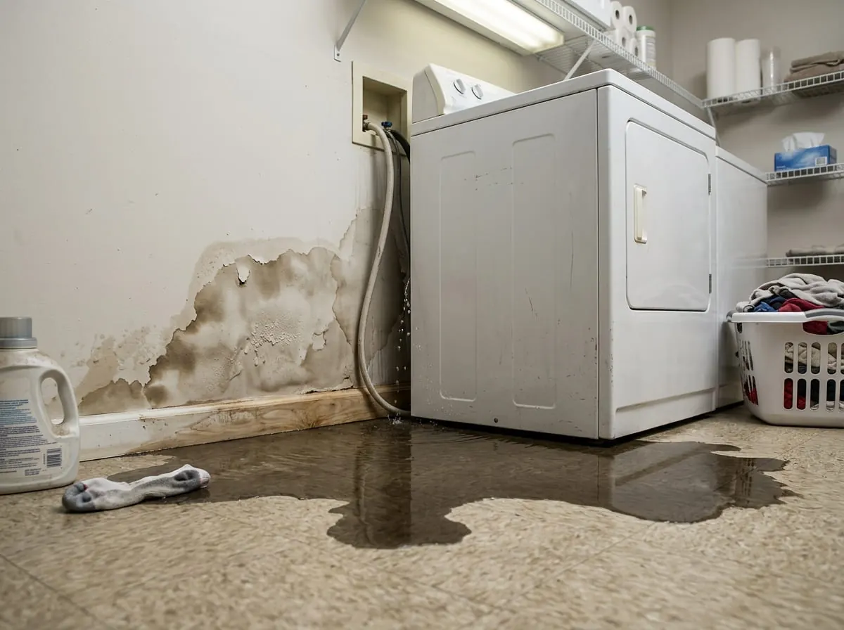 Water pooling on the floor near a leaking appliance supply line